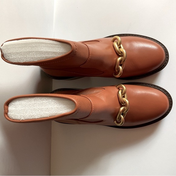Coach Kenna honey caramel brown bootie with gold chain chunky heel ankle boot - Picture 10 of 14